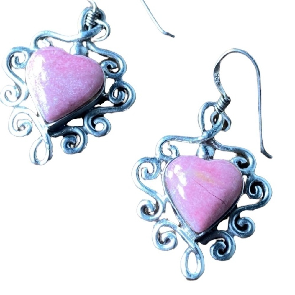 Sterling Silver & Rhodonite Heart Shaped French Hook Earrings